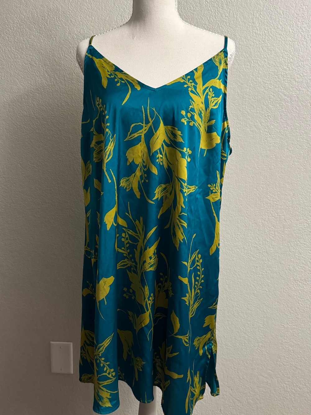 Stars Above Teal Satin Chemise Slip Dress Yellow Botanical Floral Print Size L